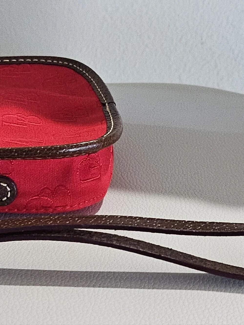 Dooney & Bourke Red Monogram Wristlet Pouch Brown Trim Smal Clutch Wallet.